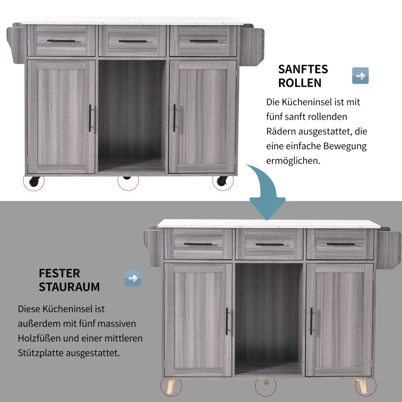 139x46(71)x91.5 cm großer Servierwagen/Beistellschrank, graues Massivholz-Furnier für den Korpus + weiße Marmor-Furnierdekoration für die Arbeitsplatte, Schrank/klappbare Arbeitsfläche/Stauraumtüren/r