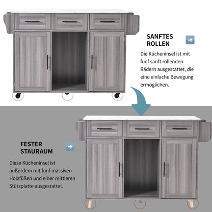 139x46(71)x91.5 cm großer Servierwagen/Beistellschrank, graues Massivholz-Furnier für den Korpus + weiße Marmor-Furnierdekoration für die Arbeitsplatte, Schrank/klappbare Arbeitsfläche/Stauraumtüren/r