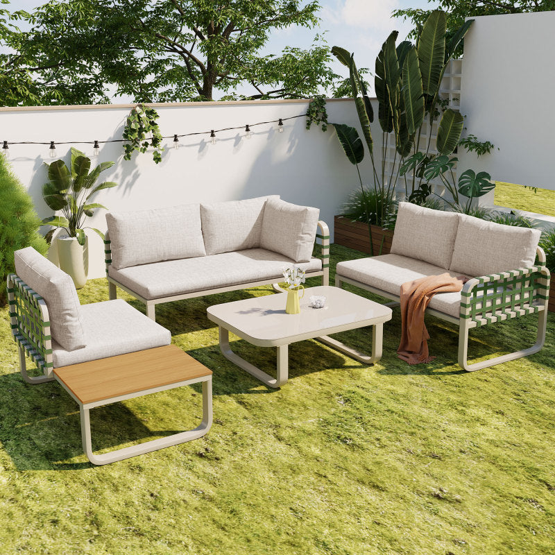Garten Lounge Set (4-5 Sitzer), Grünes Leder Rattan Gartenmöbel Set, Modernes Outdoor Sofa Set inkl. aller Sitz- und Rückenkissen, Balkonset, Garten und Terrasse, Aprikose
