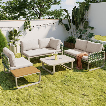 Garten Lounge Set (4-5 Sitzer), Grünes Leder Rattan Gartenmöbel Set, Modernes Outdoor Sofa Set inkl. aller Sitz- und Rückenkissen, Balkonset, Garten und Terrasse, Aprikose