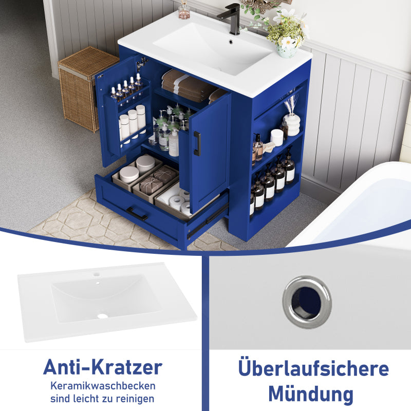 76 x 46 x 78.5cm Bodenstehender Badezimmerschrank, Waschtisch,komplett lackiert, Doppeltürregale, geräuschlose Schubladen, Regale auf beiden Seiten, integriertes Keramikwaschbecken, blau