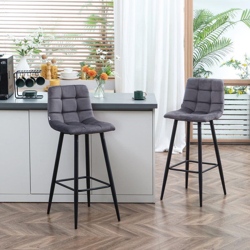 barhocker 2er-Set für Küche, modernes Design mit Samtbezug und Stahlbeinen, rutschfeste Fußkappen, bis 120 kg, Grau