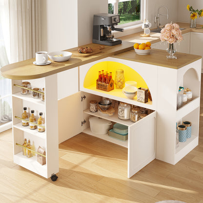 Ausziehbarer Bartisch 135-205cm mit LED & USB, Mobiler Hochtisch Weiß, Teleskop-Kücheninsel mit Stauraum & Soft-Close, Modernes Bogendesign