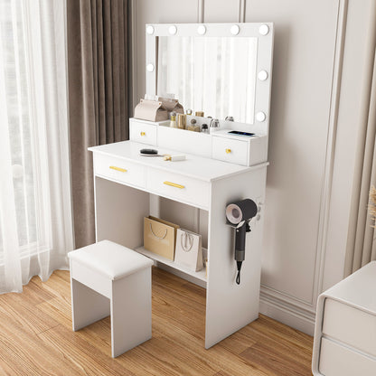 Schminktisch LED, 3 Stufen, Steckdose, 4 Schubladen, inkl. Hocker, Weiß