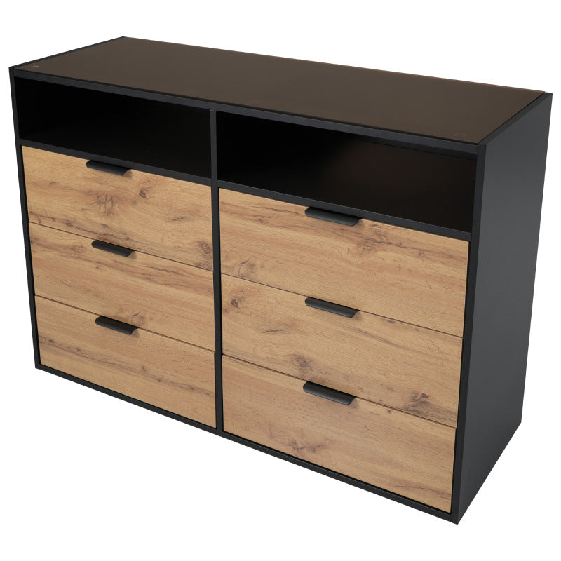 Kommode Sideboard aus Bernstein Glas, Sideboard mit Metallgriffen, Kommode mit 6 Schubladen und 2 Fächern , kippsicher, 120 x 40 x 80 cm, Eiche
