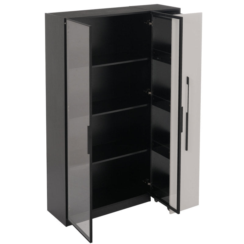 Multifunktionsschrank 110,5x35x160 cm, Schwarz-Weiß: Moderne Vitrine mit Glastür, LED, Seitenauszug, Rollschrank, ideal für Bücher, Bad, Esszimmer.