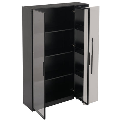 Multifunktionsschrank 110,5x35x160 cm, Schwarz-Weiß: Moderne Vitrine mit Glastür, LED, Seitenauszug, Rollschrank, ideal für Bücher, Bad, Esszimmer.