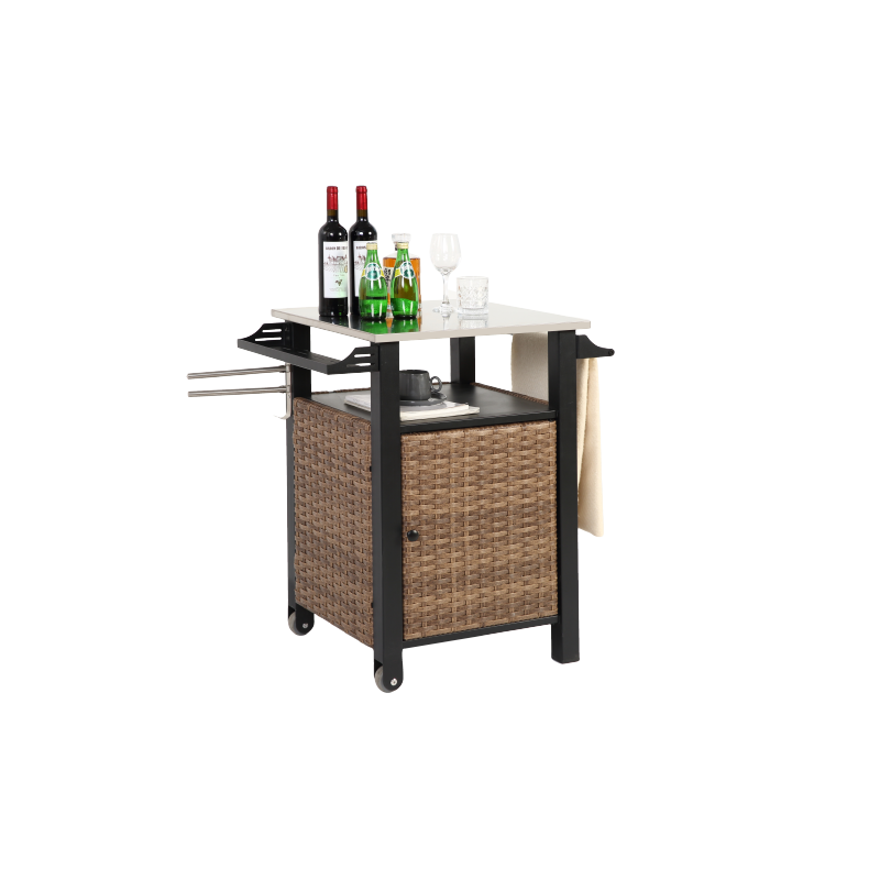Single door bar cart,Outdoor Kitchen Wicker Island Rolling Cart & Storage Cabinet, Wheels and Stainless Steel Extended Table Top, Side Handle for Patio Kitchen or Bar Cart, Brown