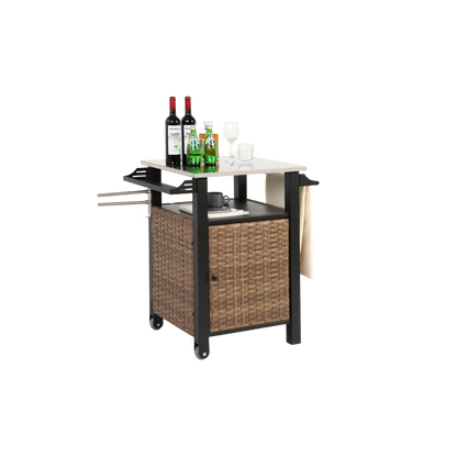Single door bar cart,Outdoor Kitchen Wicker Island Rolling Cart & Storage Cabinet, Wheels and Stainless Steel Extended Table Top, Side Handle for Patio Kitchen or Bar Cart, Brown