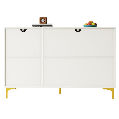 Modernes und schlichtes weißes Sideboard (140 x 40 x 90 cm), Changhong-Glastür-Design, integriertes warmes Umgebungslicht, mit dekorativen Metalldetails und viel Stauraum, geeignet für Esszimmer