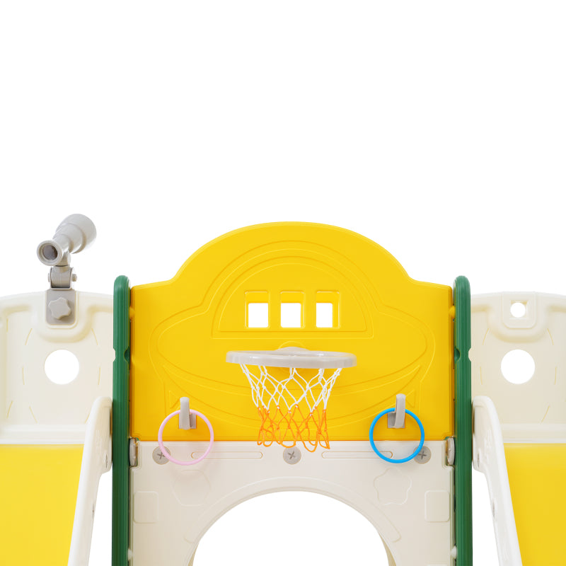 8 in 1 Kinderrutsche Kletterspielzeug, Multifunktionsrutsche mit 2 Rutschen, freistehende Rutsche, Klettern, Bohrspiel, Stauraum, Spielkorridor, Basketballkorb, Lasso-Spiel, Teleskop
