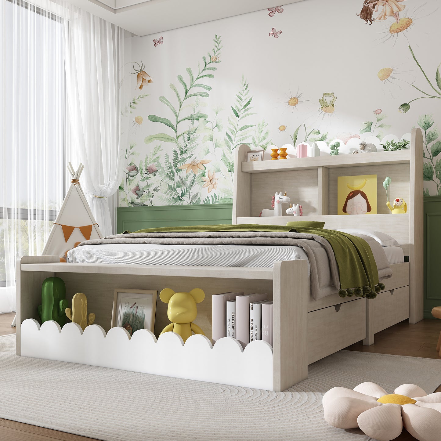 Kinderbett Einzelbett Stauraumbett mit Schubladen, Regal und Sitzbank mit Stauraum, Holzbett 90x200 cm, Weiß mit Eichefarben (Ohne Matratze)