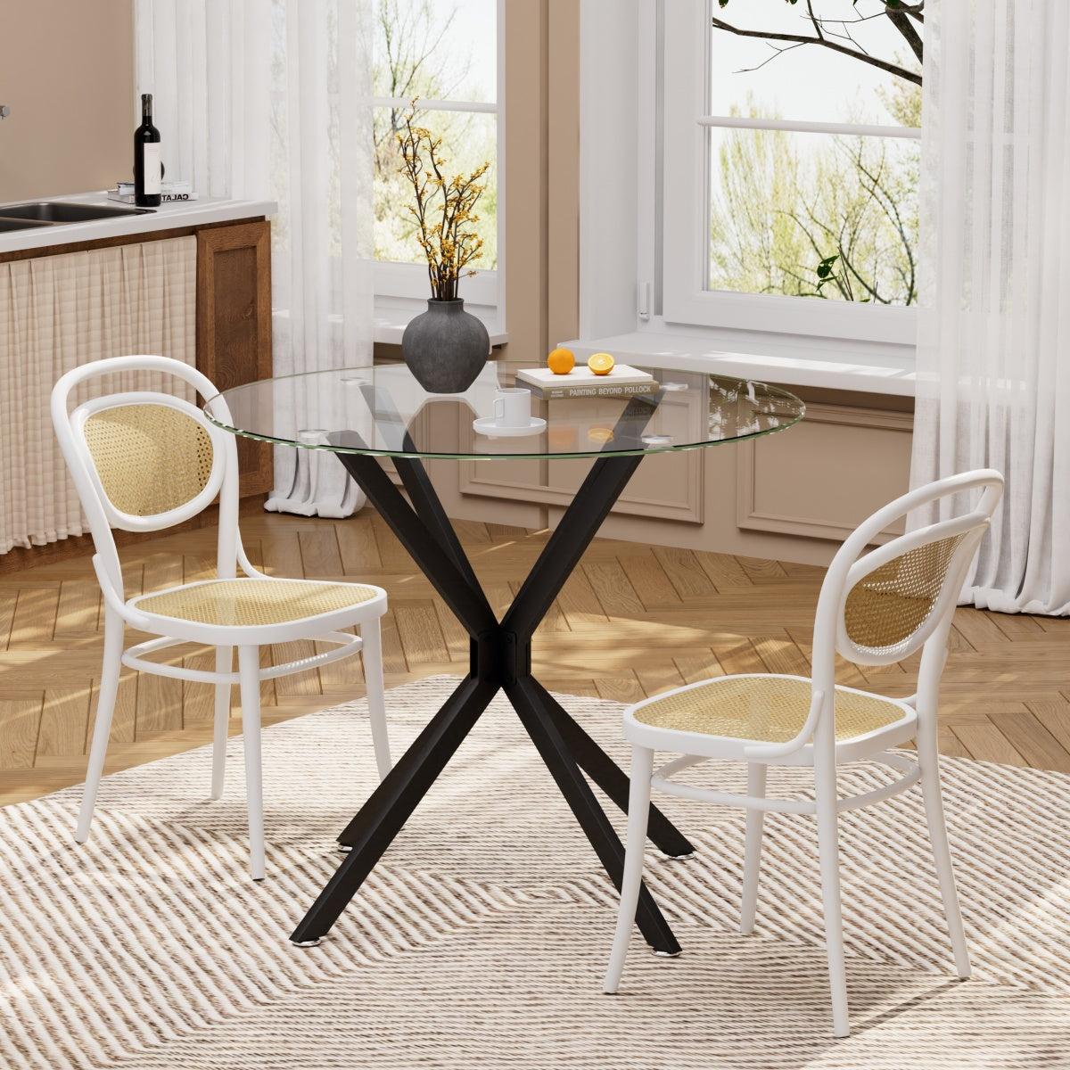 Esstisch Rund 90 cm Schwarz, Glastisch mit Gehärtetem Glas & Metallbeinen, Modernes Design