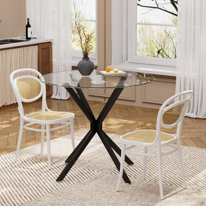 Esstisch Rund 90 cm Schwarz, Glastisch mit Gehärtetem Glas & Metallbeinen, Modernes Design