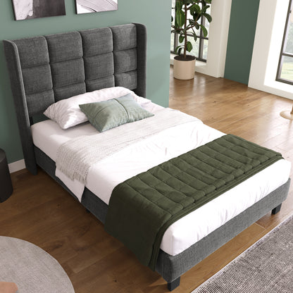 Modernes Design Polsterbett Mit seinem gepolstertes Kopfteil Einzelbett mit Lattenrost, 90x200cm ,in Grau Leinen, mittelfest (Ohne Matratze)
