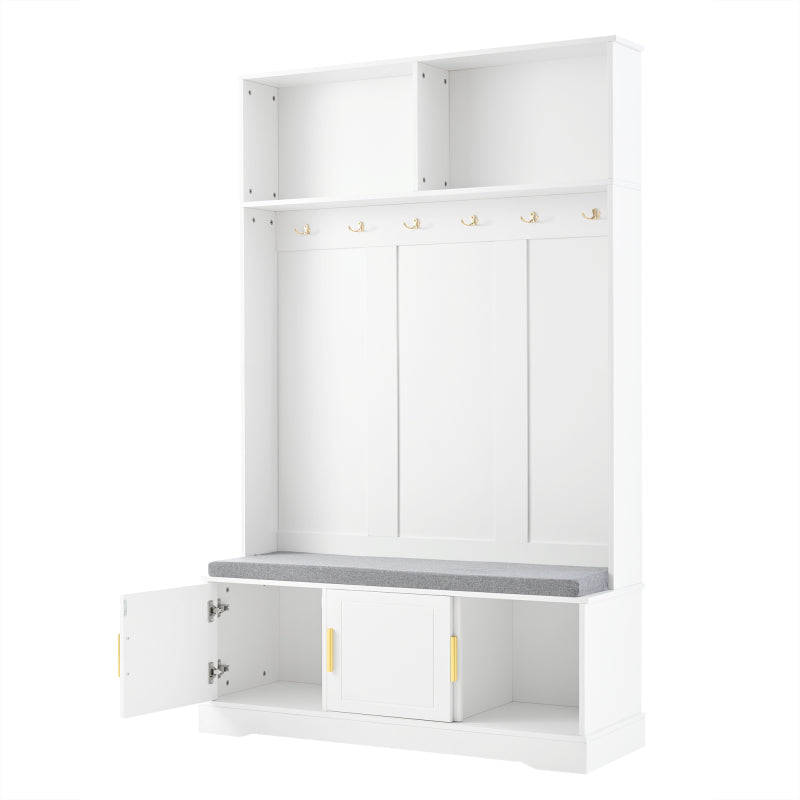 Garderobenständer mit  Schuhbank, Garderobe,  6 Dreifach-Haken,freistehend, platzsparend, für Eingangsbereich,Flur, Weiß