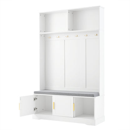 Garderobenständer mit  Schuhbank, Garderobe,  6 Dreifach-Haken,freistehend, platzsparend, für Eingangsbereich,Flur, Weiß