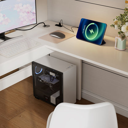 Kinderbett Hochbett mit L-förmigem Schreibtisch, Regalen und Schubladen mit USB/Type-C Ladebereich, Jugend-Einzelbett mit Leiter und Holzlattenrost, 90×200cm, Weiß, ohne Matratze.