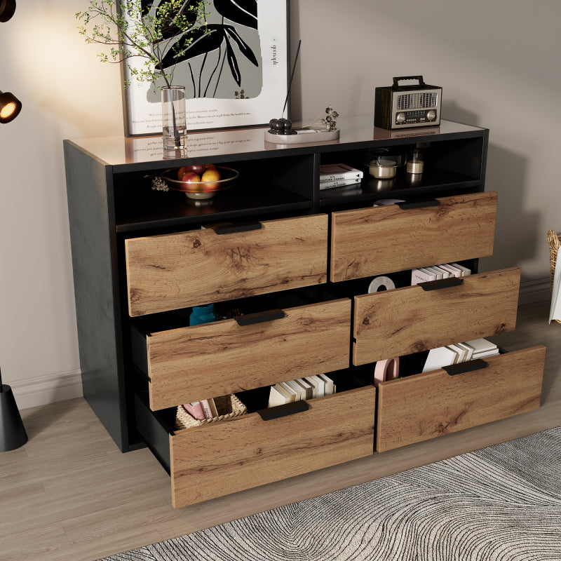 Kommode Sideboard aus Bernstein Glas, Sideboard mit Metallgriffen, Kommode mit 6 Schubladen und 2 Fächern , kippsicher, 120 x 40 x 80 cm, Eiche