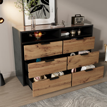 Kommode Sideboard aus Bernstein Glas, Sideboard mit Metallgriffen, Kommode mit 6 Schubladen und 2 Fächern , kippsicher, 120 x 40 x 80 cm, Eiche