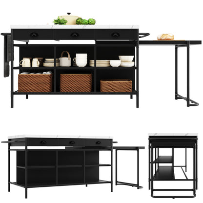 Kücheninseln, Ausziehbare Kunstmarmorplatte Industrial mit 3-Schubladen, Multifunktionales Küchen- und Esszimmer-Möbel, Kücheninsel Küchenregal Küchewagen Sideboard, MDF Arbeitsplatte Küche Regal