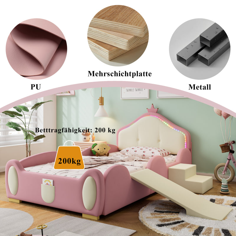 Polsterbett, Crown Cartoon Bett, Mit Multi-Mode-LED-Streifen, Kinderbett mit kleiner Rutsche und Treppe, mit schützenden weichen Kanten, mit Holzlatten, PU, Rosa + Beige, 90x200cm