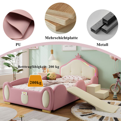 Polsterbett, Crown Cartoon Bett, Mit Multi-Mode-LED-Streifen, Kinderbett mit kleiner Rutsche und Treppe, mit schützenden weichen Kanten, mit Holzlatten, PU, Rosa + Beige, 90x200cm