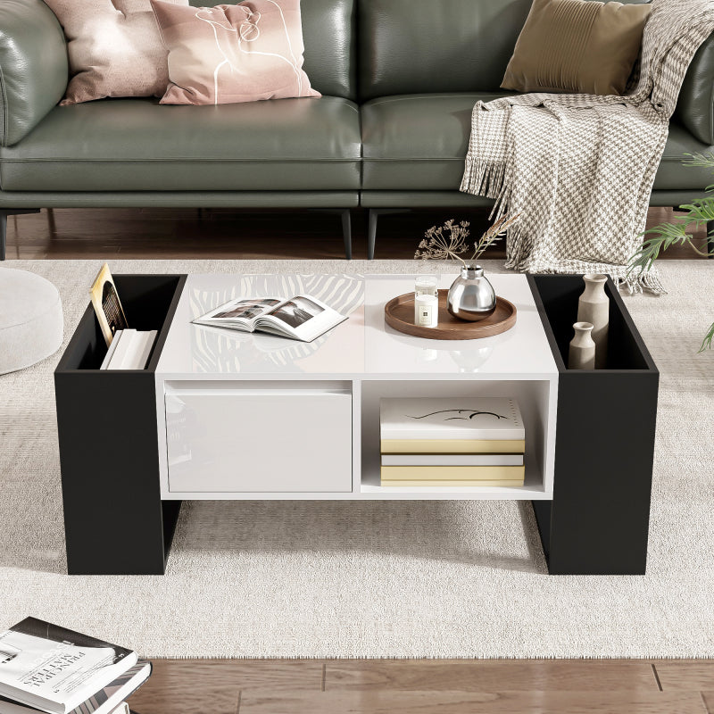 Moderner Couchtisch 105 x 60 x 40,5 cm – Schwarz-Weiß-Design mit hochglänzender Oberfläche, Schublade und 4 offenen Fächern