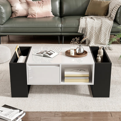 Moderner Couchtisch 105 x 60 x 40,5 cm – Schwarz-Weiß-Design mit hochglänzender Oberfläche, Schublade und 4 offenen Fächern