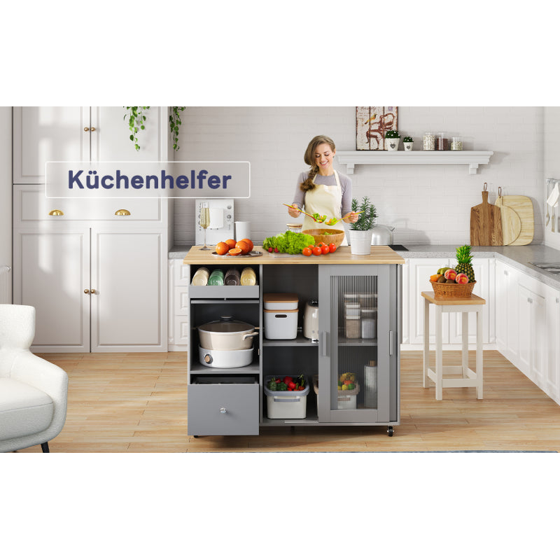 112×46(69)×91cm, klappbarer Kücheninselwagen, Eichenholzfurnier, Weinregal, Schubladen, großer Kücheninselwagen mit Schiebetüren aus gehärtetem Glas und verstellbaren Einlegeböden, mobiler Inselwagen