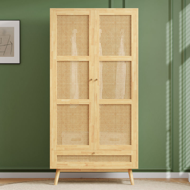 Kleiderschrank mit Stange, 2-türiger Kleiderschrank, Schlafzimmer, Rattannetz, Wohnzimmer, mit unterem Flip-Top-Deckel, Spanplatten+PE-Rattan, Natur