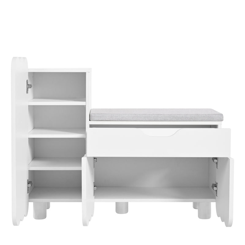 Moderner 3-Türen-Schuhschrank mit Schublade & Sitzpolster, Stilvolle Schuhbänke für Flur und Eingangsbereich, Weiß