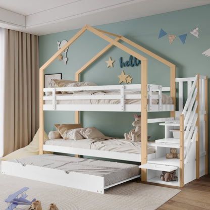 Etagenbett, Ausziehbares Baumhausbett, Schiebebett, Treppe mit 3 Schubladen, Kinderbett mit Absturzsicherung und Kinderbettgitter, mit Lattenroste, Natur+Weiß (90x200cm&90x190cm) [30813567NAA]