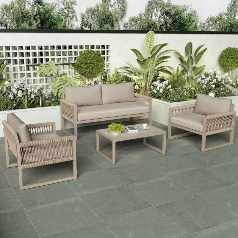 Garten-Lounge-Set mit verzinktem Eisenrahmen, Gartenmöbel-Set aus Seil, Lounge-Set aus khakifarbenem Seil mit Sitzkissen, verstellbaren Füßen, glatter Glasplatte, 4er-Set, inklusive aller Kissen