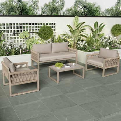 Garten-Lounge-Set mit verzinktem Eisenrahmen, Gartenmöbel-Set aus Seil, Lounge-Set aus khakifarbenem Seil mit Sitzkissen, verstellbaren Füßen, glatter Glasplatte, 4er-Set, inklusive aller Kissen
