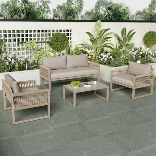 Garten-Lounge-Set mit verzinktem Eisenrahmen, Gartenmöbel-Set aus Seil, Lounge-Set aus khakifarbenem Seil mit Sitzkissen, verstellbaren Füßen, glatter Glasplatte, 4er-Set, inklusive aller Kissen