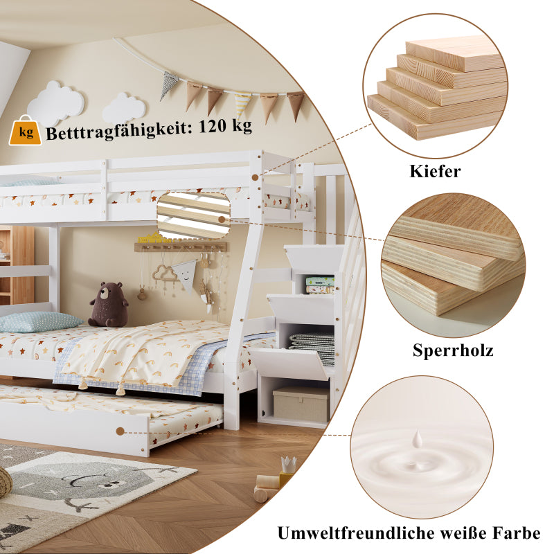 Etagenbett mit Rollbett, Kinderbett mit Leiterschrank und Handlauf, mit Fallschutzgitter an allen Seiten, Kiefer+MDF, Weiß, 90x190CM Rollbett, 90/120x200CM
