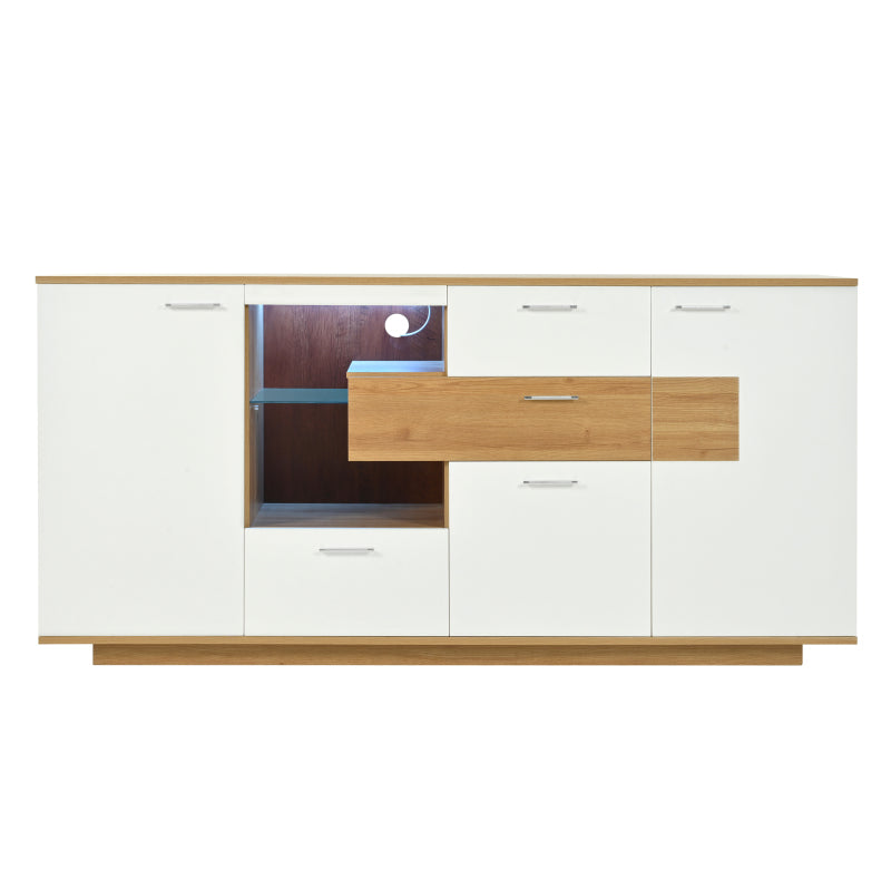 Modernes Sideboard-Schrank mit viel Stauraum, mit LED-Beleuchtung, 160x40x77cm, 2 Türen, 4 Schubladen, Glasablage, Holzoptik, Weiß,Wohnzimmermöbel, Organizer, Kommode, Mehrzweckschrank.
