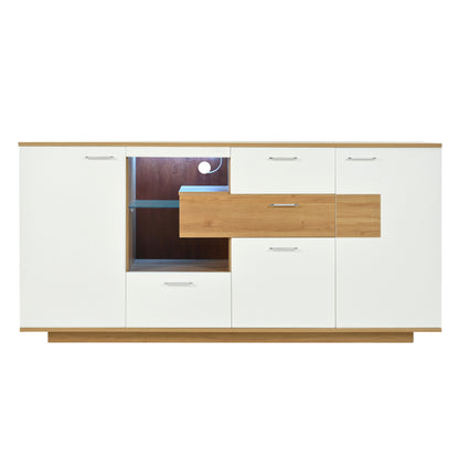 Modernes Sideboard-Schrank mit viel Stauraum, mit LED-Beleuchtung, 160x40x77cm, 2 Türen, 4 Schubladen, Glasablage, Holzoptik, Weiß,Wohnzimmermöbel, Organizer, Kommode, Mehrzweckschrank.