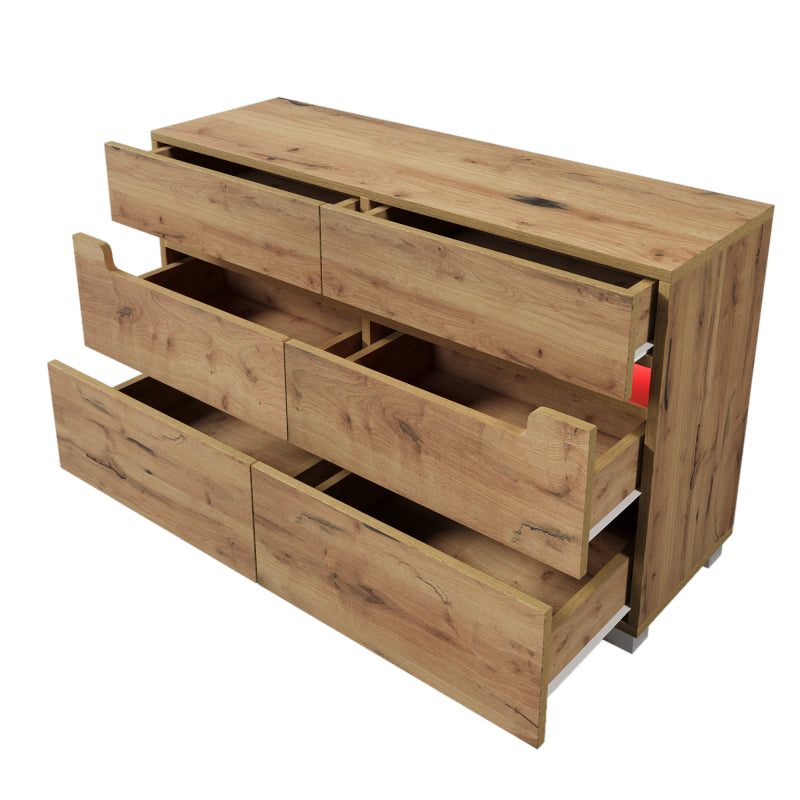 Kommode, Sideboard Holz mit 6 Schubladen, LED Beleuchtung (App Control), Mehrzweckschrank für Wohnzimmer und Schlafzimmer, 71 x 120 x 40 cm, Eiche