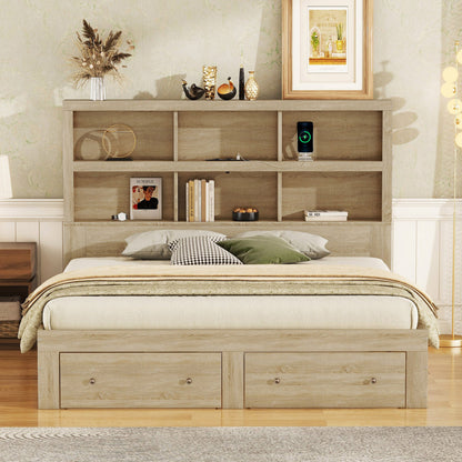 160*200 cm Doppelbett, Kingsize-Plattformbett mit zwei Schubladen am Fußende des Bettes, Kopfteil mit Stauraum, Natur