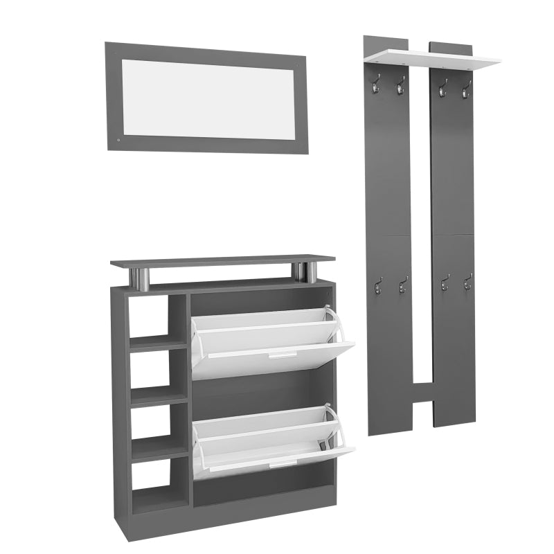 Wandgarderoben-Set 80 x 25 x 96.5 cm, inkl. Spiegel, 2 Wandpaneelen, einer Regalwand und einem Schuhschrank, Korpus anthrazitgrau matt, Flurmöbel, Flurtrockenständer, Flurgarderobe, Schuhwechsler-Set,