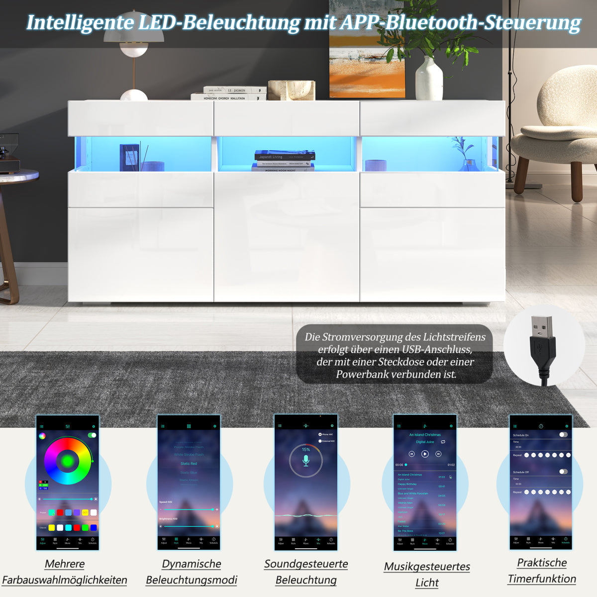Sideboard 140 cm, Hochglanz Weiß, LED-Beleuchtung (App-Steuerung), 3 Türen