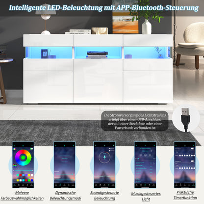 Sideboard 140 cm, Hochglanz Weiß, LED-Beleuchtung (App-Steuerung), 3 Türen