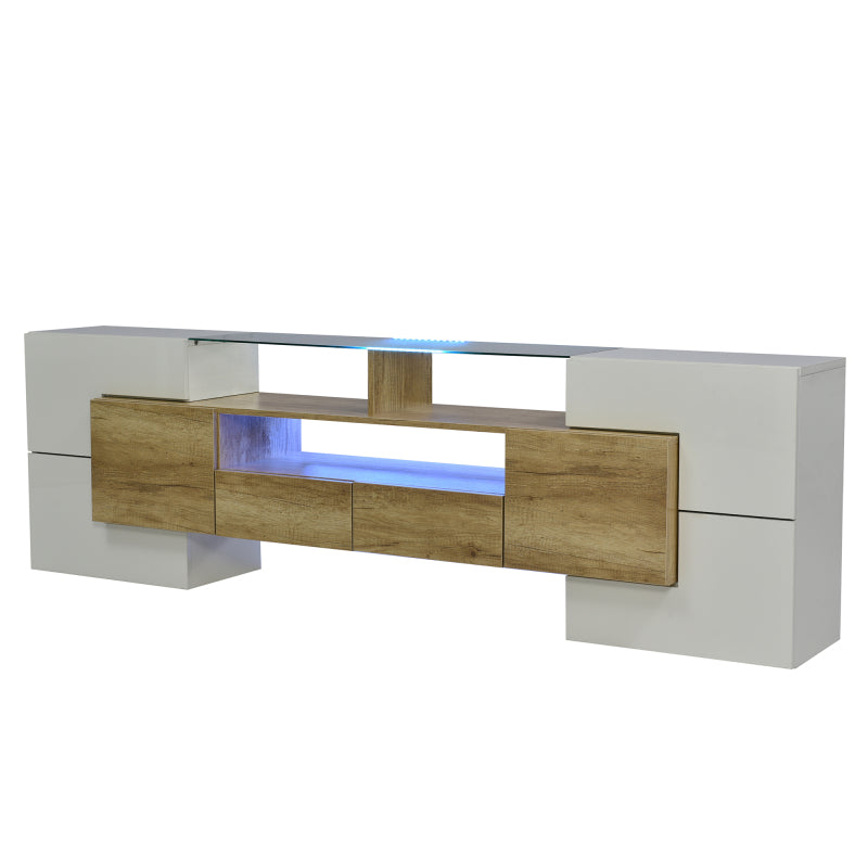 Stilvoller TV-Schrank, Lowboard.hochglänzendes Weiß, 200 cm, LED-Beleuchtung, Wohnzimmermöbel.  modernes Design. elegante Glasoberfläche.