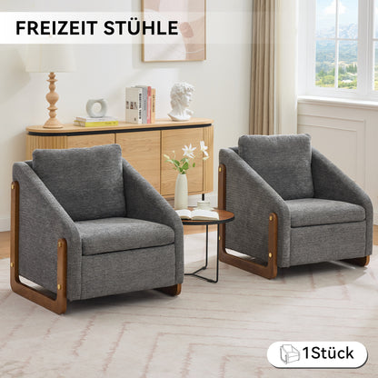 Sessel, Akzentstuhl für Wohnzimmer, Loungesessel, moderner Stuhl mit Armlehne aus Holz, mit Rückenkissen, grauer