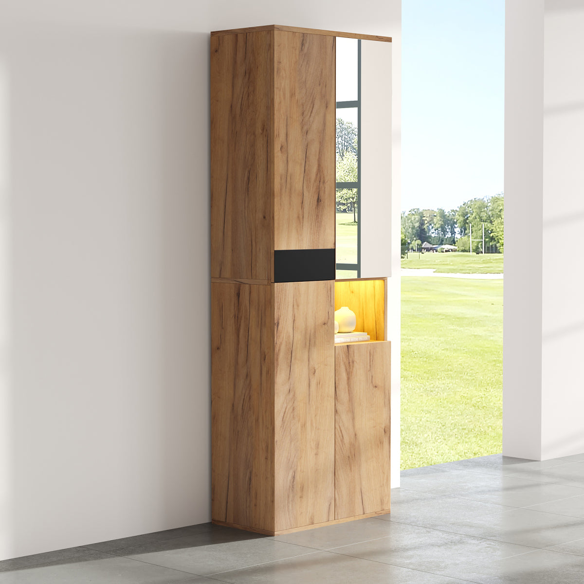 Hochschrank Schwarz/Natur 65x35x190 cm mit Spiegel, 4 Türen & offenem Fach, Mehrzweckschrank mit Stauraum