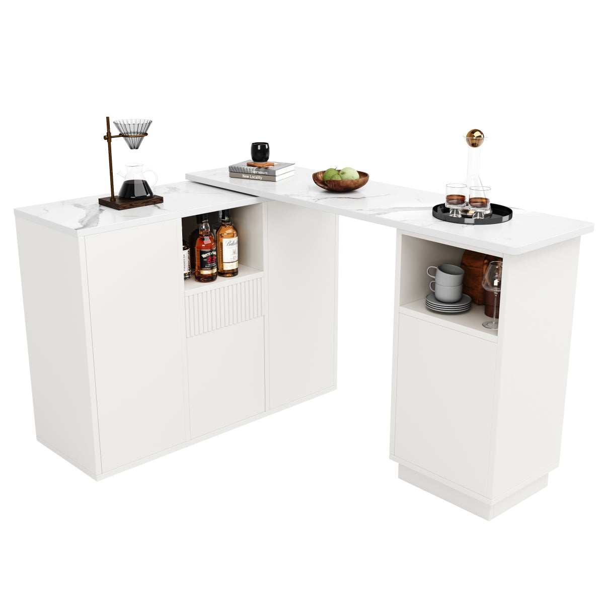 360° Drehbarer Bartisch 210cm L-Form Kücheninsel mit Marmor-Optik Arbeitsplatte, Moderner Tresen & Aufbewahrungsschrank Weiß, Sideboard