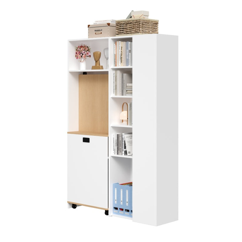 Klappbarer Schreibtisch mit Ablagen –2-in-1-Bücherregal und Schreibtisch, klappbar, mit Steckdose und USB-Anschluss, Kippschutz, weiß