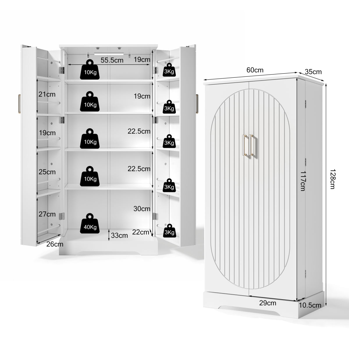 Hochschrank Weiß (60x128x35 cm), Küchenschrank mit LED-Sensorlicht